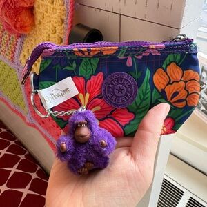 Kipling Floral Print Pouch with Purple Monkey Keychain Hawaii
